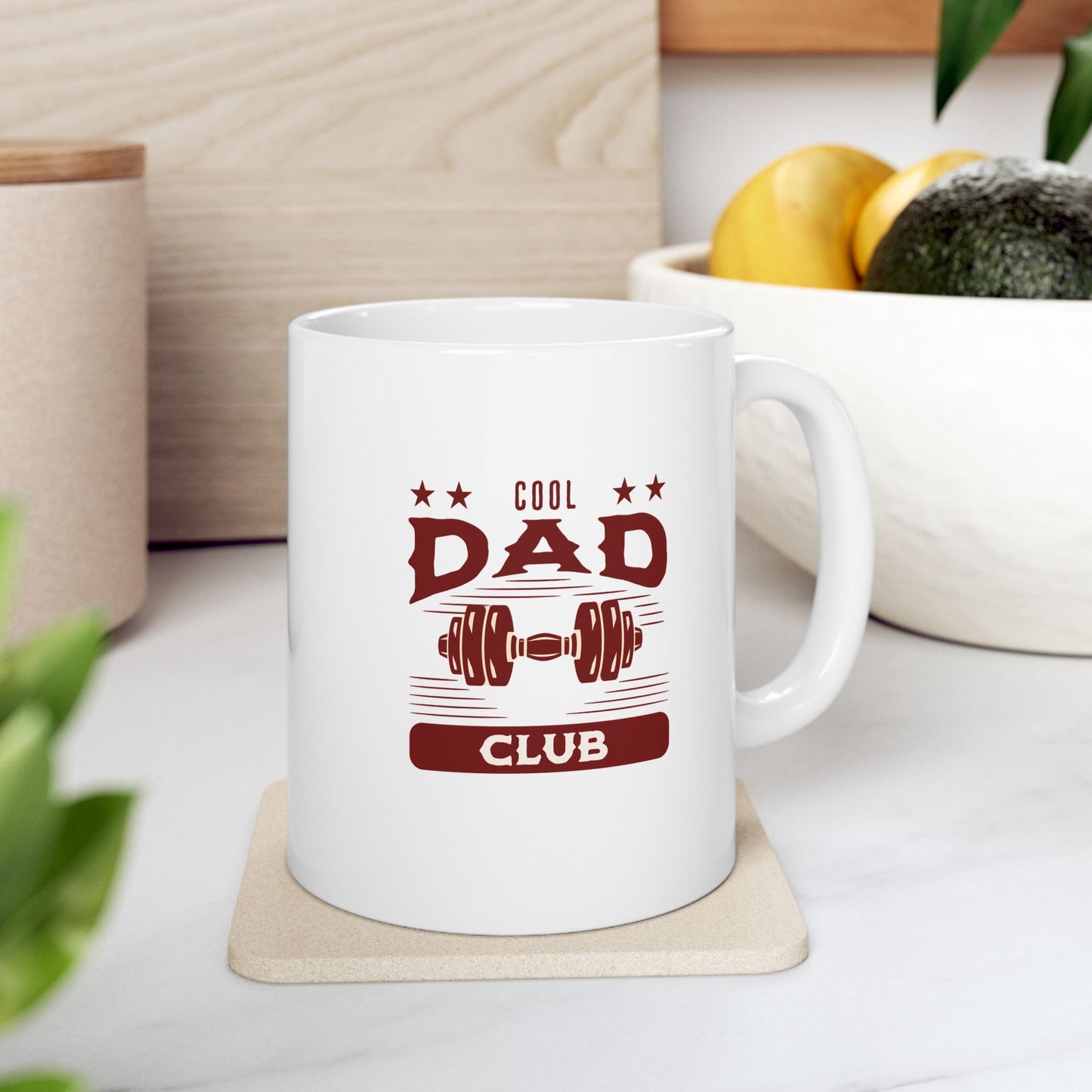 Cool Dad Club Ceramic Mug — "Membership Is Earned" Vintage Varsity Dumbbell Design (11oz/15oz)
