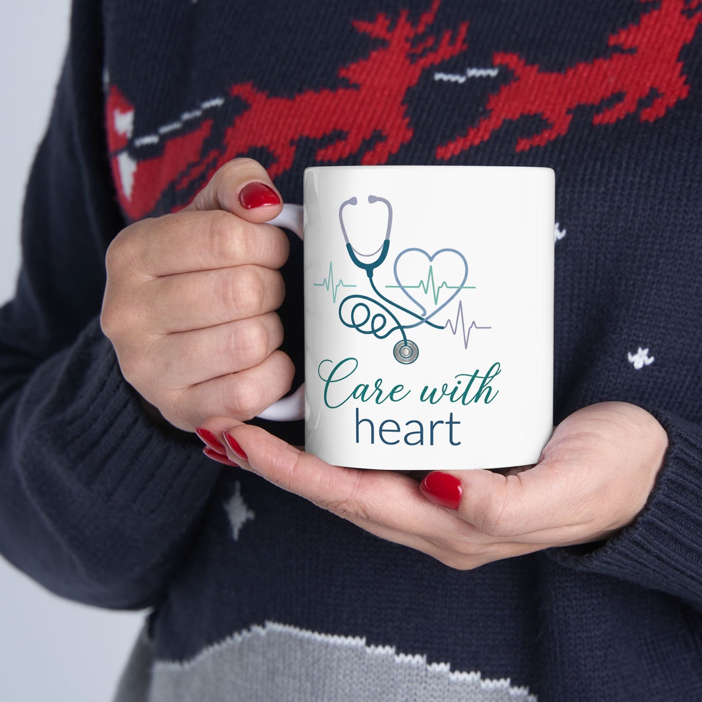 Care With Heart Mug – Nurse and Healthcare Worker Gift, Stethoscope Heart Design, 11oz Ceramic Coffee Cup
