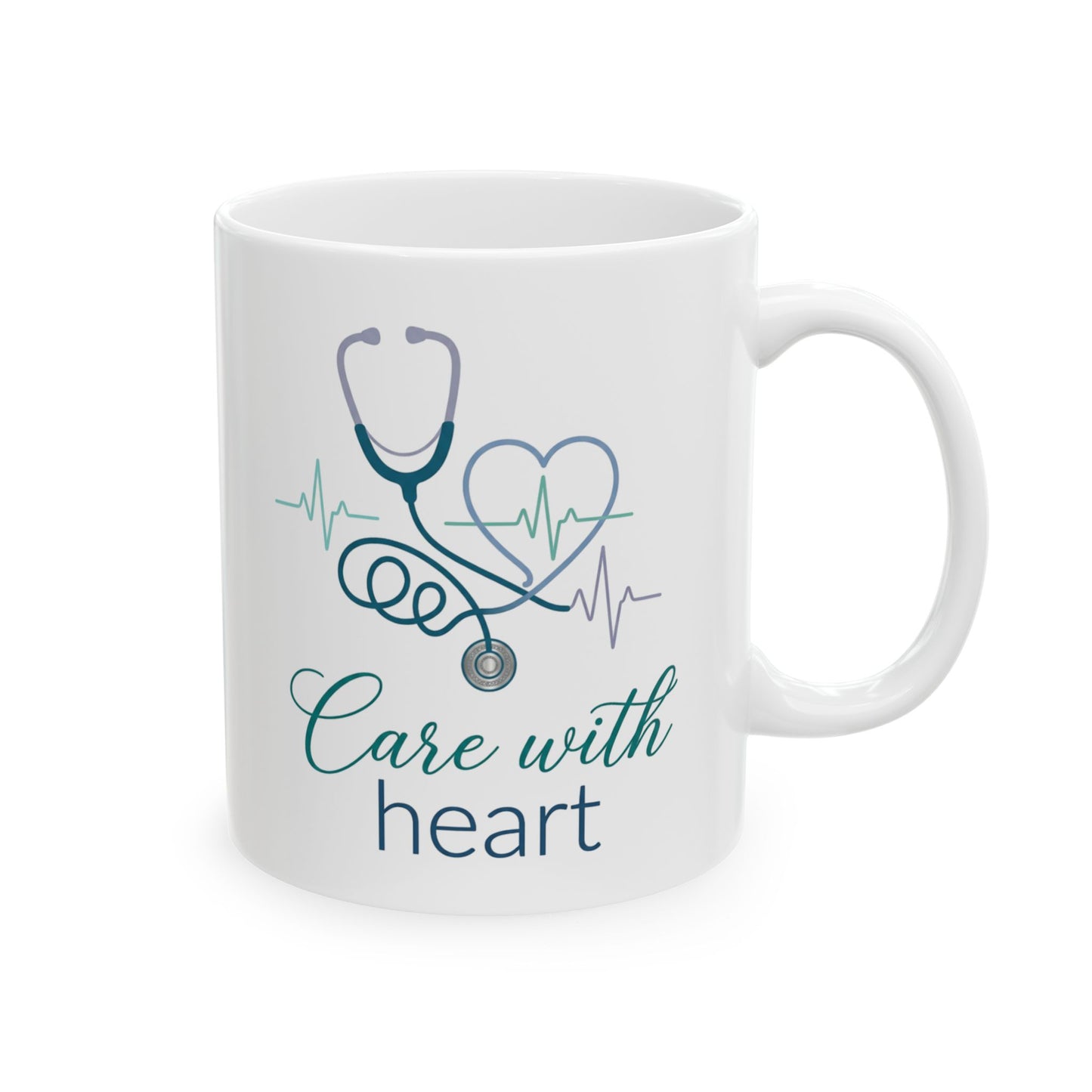 Care With Heart Mug – Nurse and Healthcare Worker Gift, Stethoscope Heart Design, 11oz Ceramic Coffee Cup