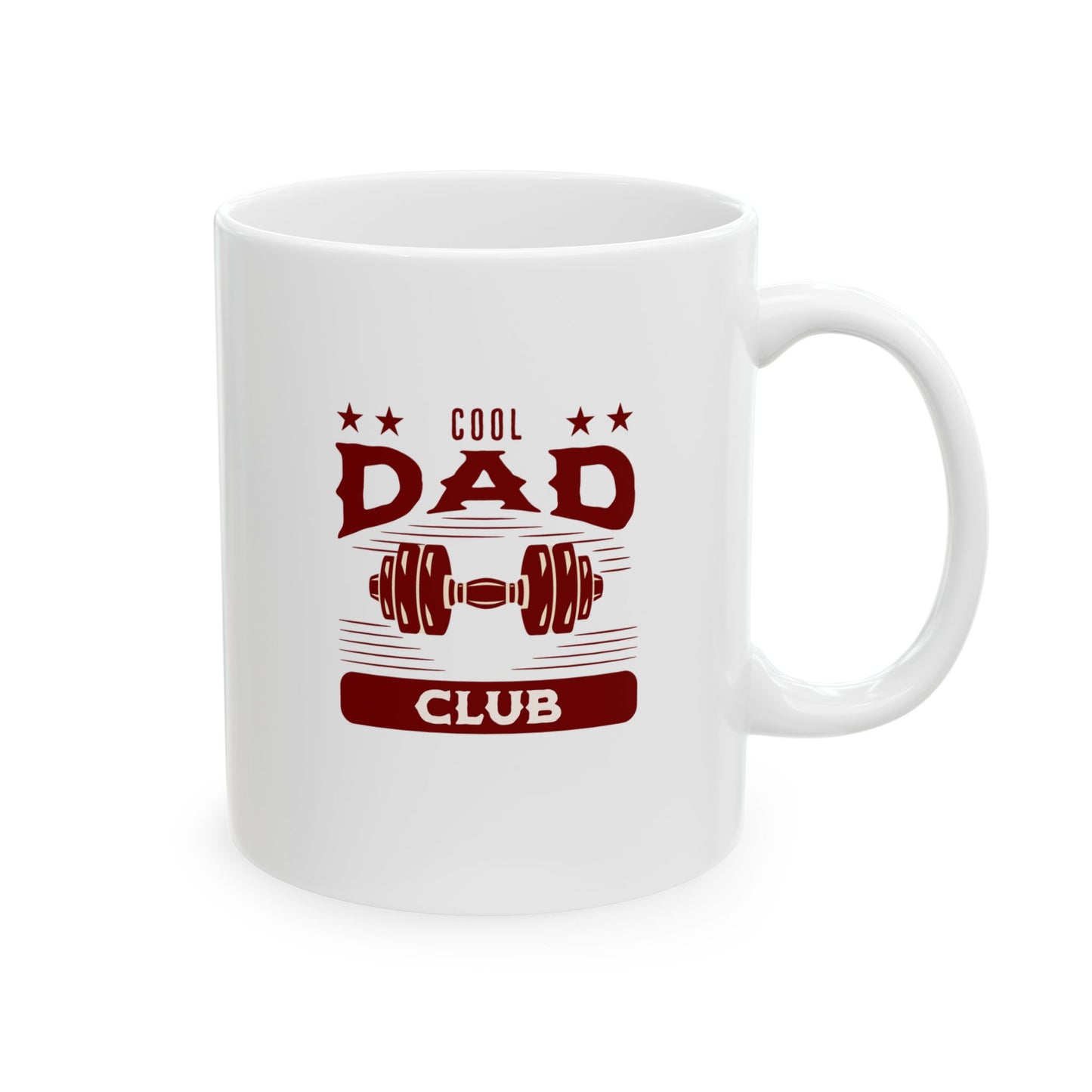 Cool Dad Club Ceramic Mug — "Membership Is Earned" Vintage Varsity Dumbbell Design (11oz/15oz)
