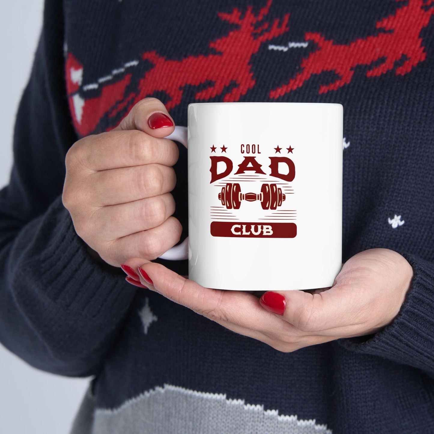 Cool Dad Club Ceramic Mug — "Membership Is Earned" Vintage Varsity Dumbbell Design (11oz/15oz)