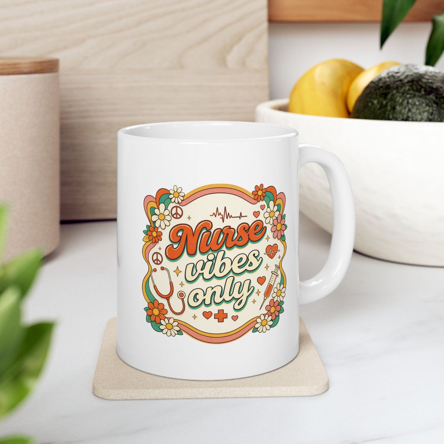 Nurse Vibes Only Mug – Retro Groovy Nurse Gift, Colorful Floral Coffee Cup, 11oz or 15oz Ceramic Mug for Nurses Week