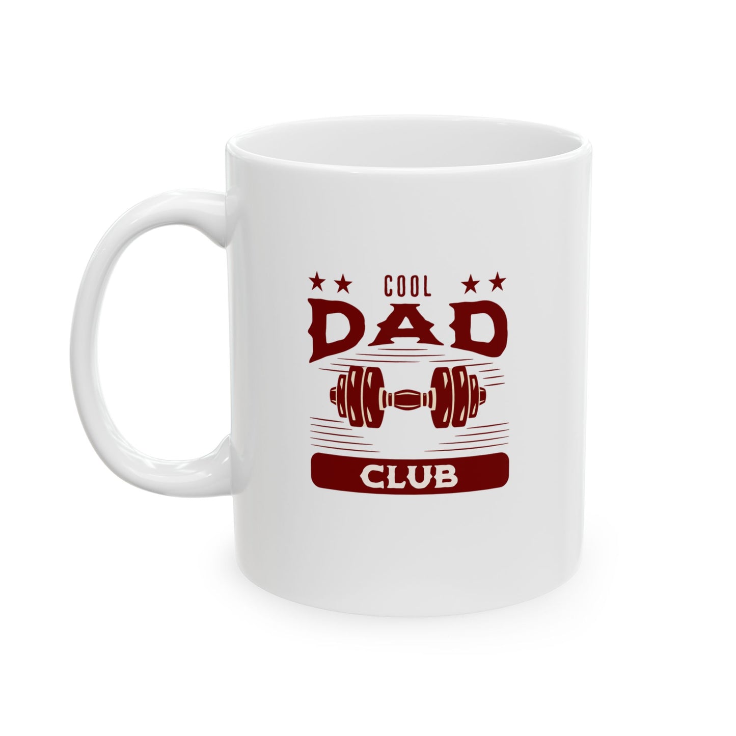 Cool Dad Club Ceramic Mug — "Membership Is Earned" Vintage Varsity Dumbbell Design (11oz/15oz)