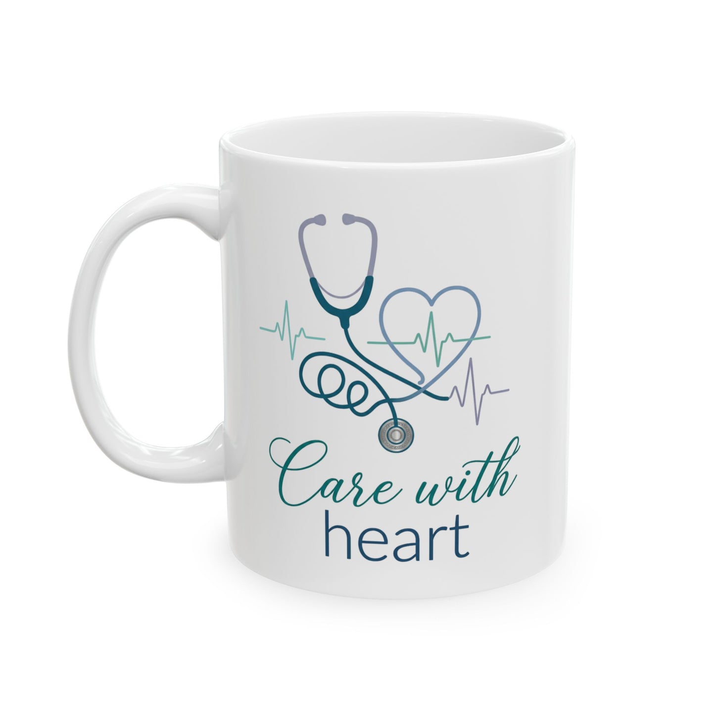 Care With Heart Mug – Nurse and Healthcare Worker Gift, Stethoscope Heart Design, 11oz Ceramic Coffee Cup