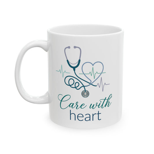 Care With Heart Mug – Nurse and Healthcare Worker Gift, Stethoscope Heart Design, 11oz Ceramic Coffee Cup