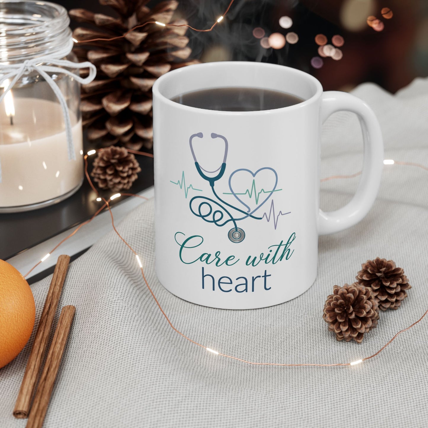 Care With Heart Mug – Nurse and Healthcare Worker Gift, Stethoscope Heart Design, 11oz Ceramic Coffee Cup