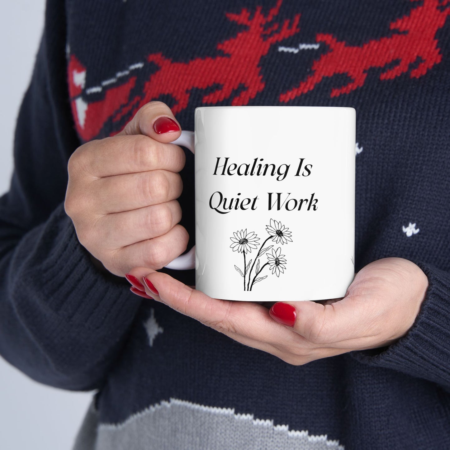 Healing Is Quiet Work Mug – Therapist Gift, Mental Health Awareness Coffee Cup, Floral Line Art 11oz Ceramic Mug